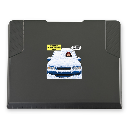 The EDGE snow and ice scraper with the It's Good Enough print, 6 x 6 in, top view