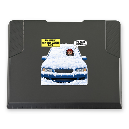 The EDGE snow and ice scraper with the It's Good Enough print, 8 x 8 in, top view