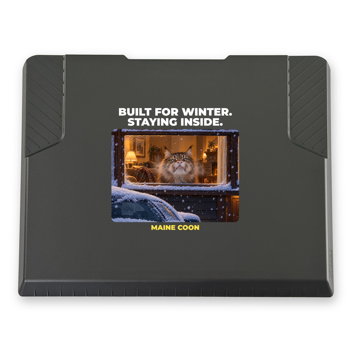 The EDGE snow and ice scraper with the Maine Coon cat design "Built for Winter. Staying Inside", 8 x 8 in, top view