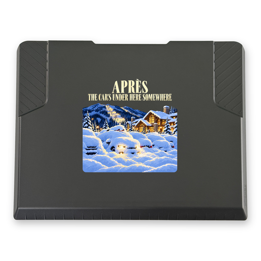 The EDGE snow and ice scraper with the Après print, 8 x 8 in, top view