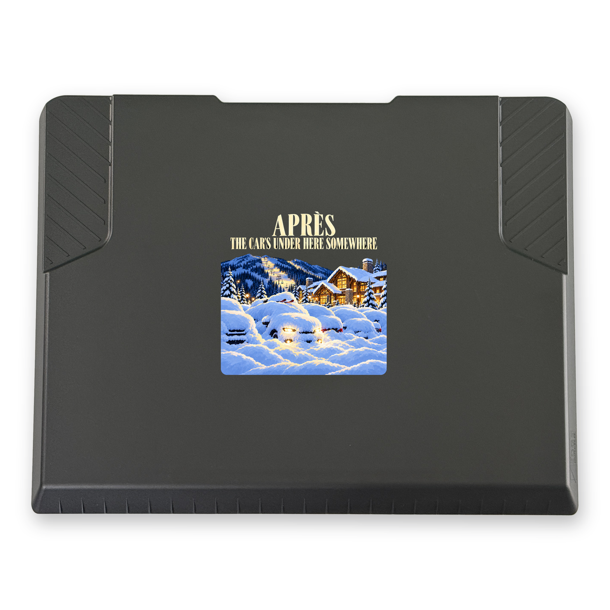 The EDGE snow and ice scraper with the Après print, 6 x 6 in, top view