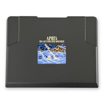 The EDGE snow and ice scraper with the Après print, 6 x 6 in, top view