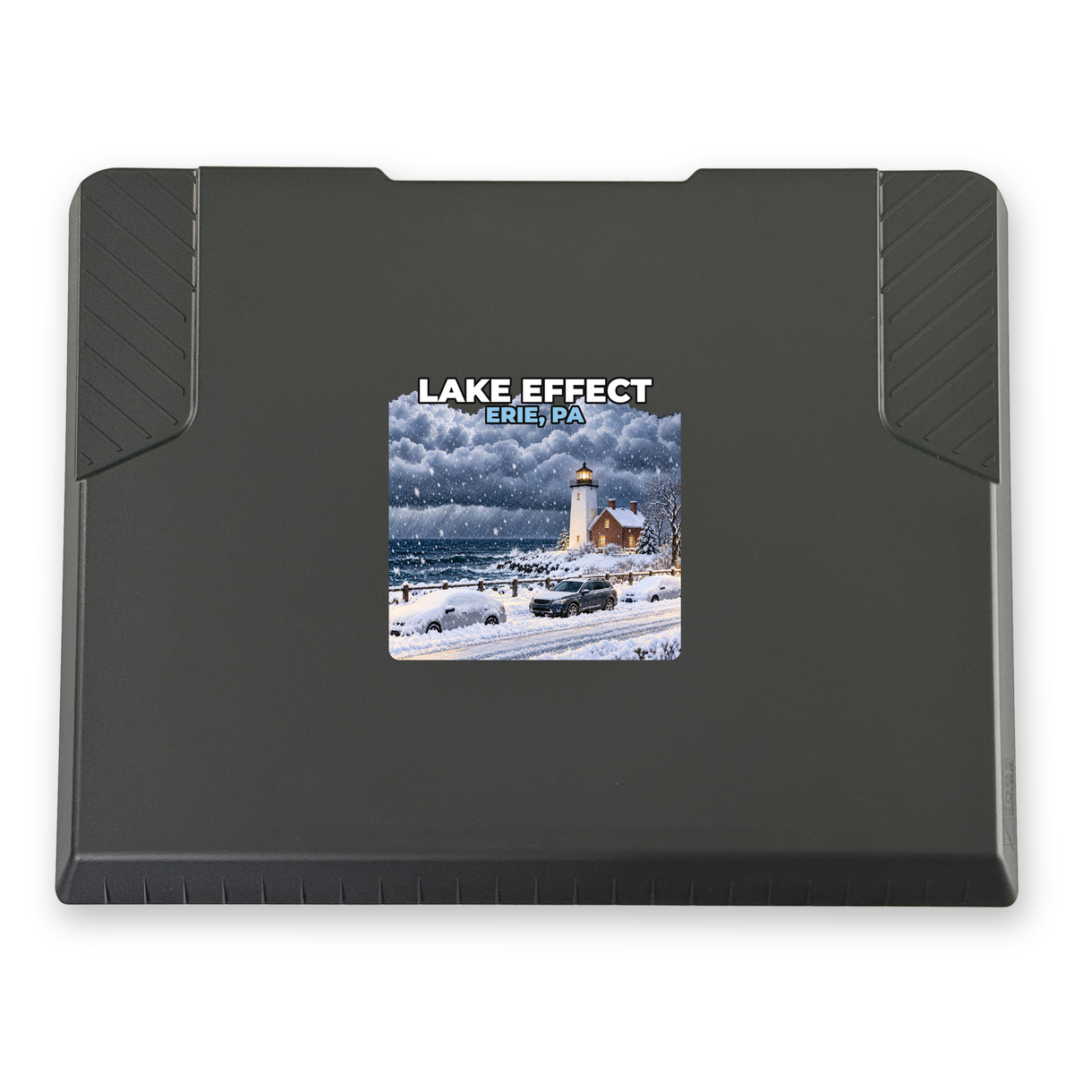 The EDGE snow and ice scraper with the Erie, PA print, 6 x 6 in, top view