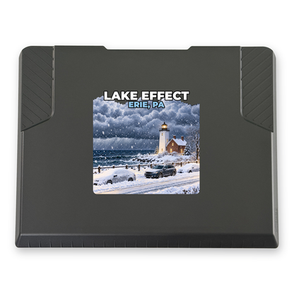 The EDGE snow and ice scraper with the Erie, PA print, 8 x 8 in, top view