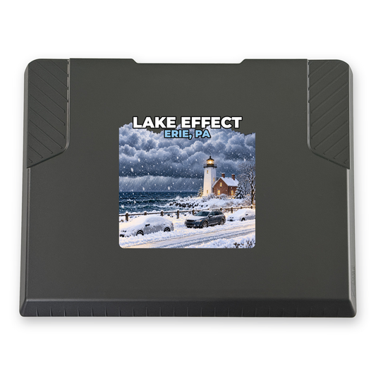 The EDGE snow and ice scraper with the Erie, PA print, 8 x 8 in, top view