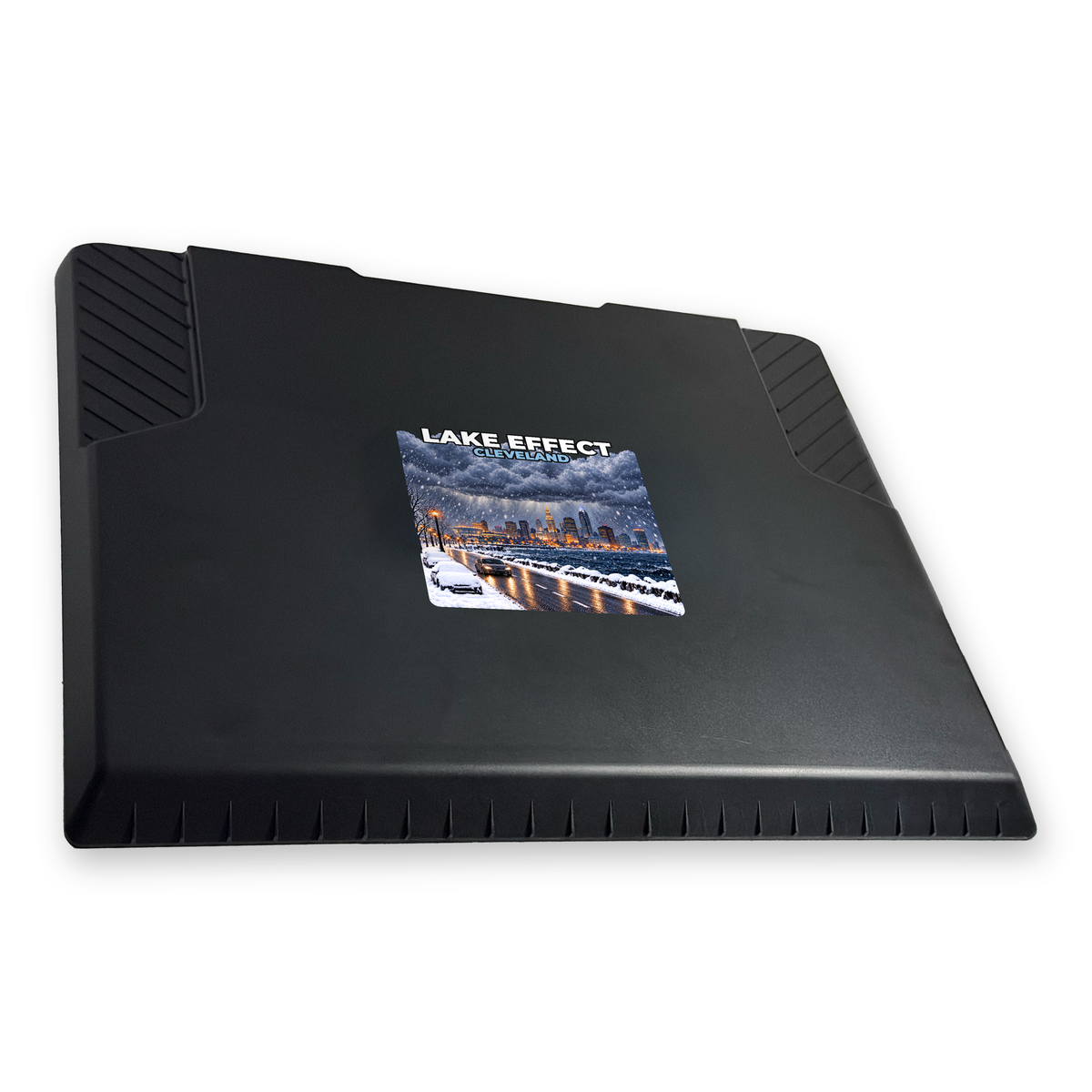 The EDGE snow and ice scraper with the Cleveland print, 6 x 6 in, angled view