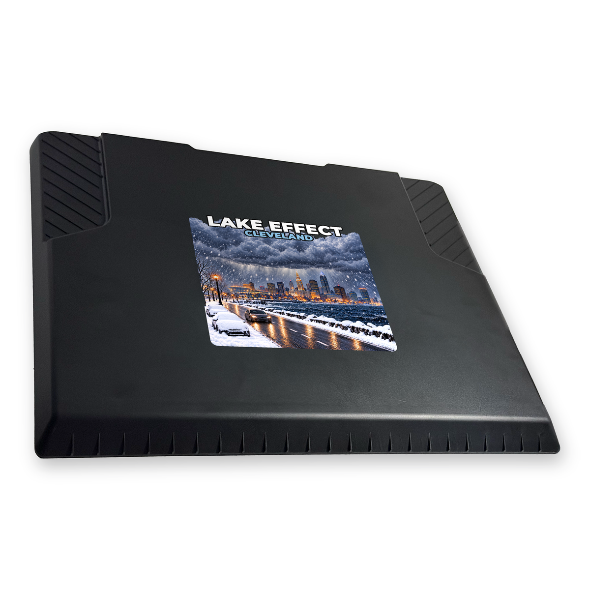 The EDGE snow and ice scraper with the Cleveland print, 8 x 8 in, angled view