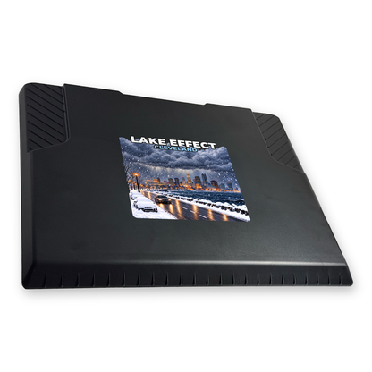 The EDGE snow and ice scraper with the Cleveland print, 8 x 8 in, angled view