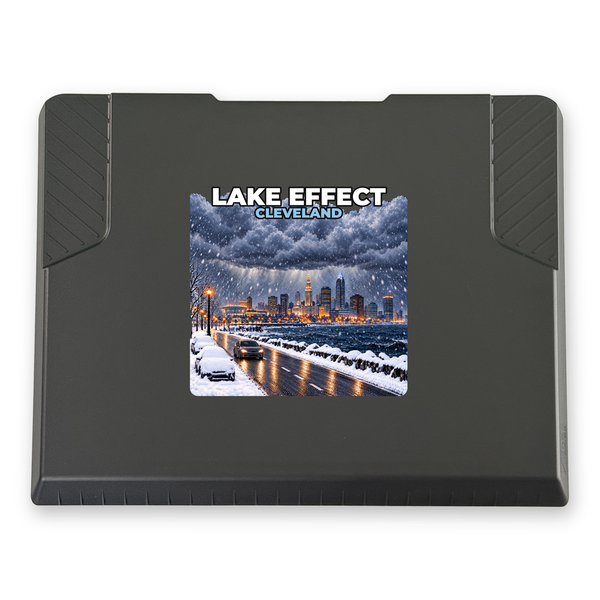 The EDGE snow and ice scraper with the Cleveland print, 8 x 8 in, top view