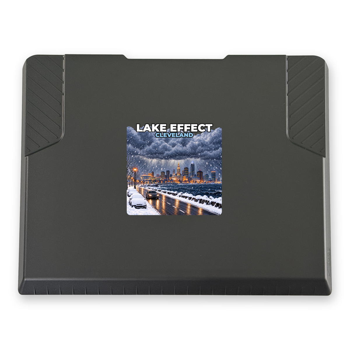 The EDGE snow and ice scraper with the Cleveland print, 6 x 6 in, top view