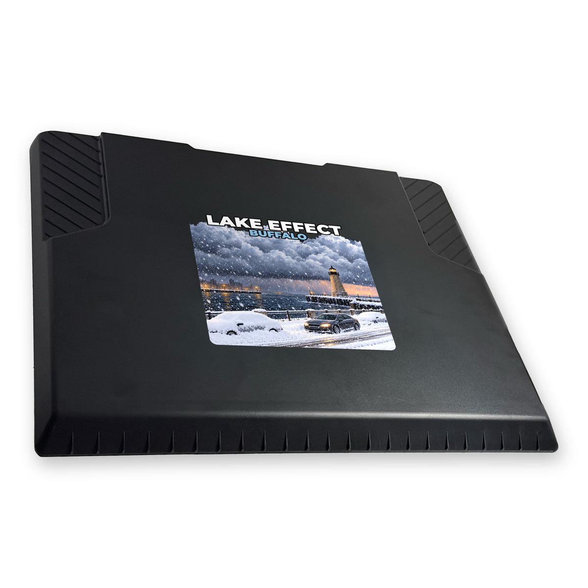 The EDGE snow and ice scraper with the Buffalo print, 8 x 8 in, angled view