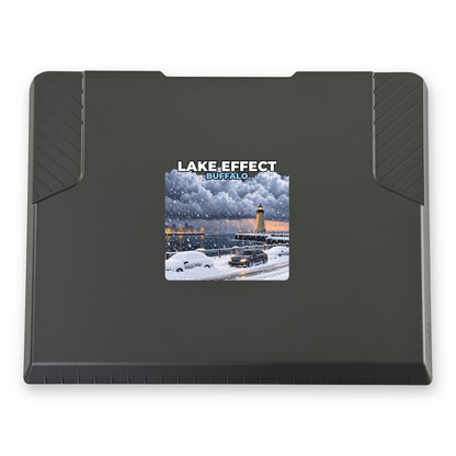 The EDGE snow and ice scraper with the Buffalo print, 6 x 6 in, top view