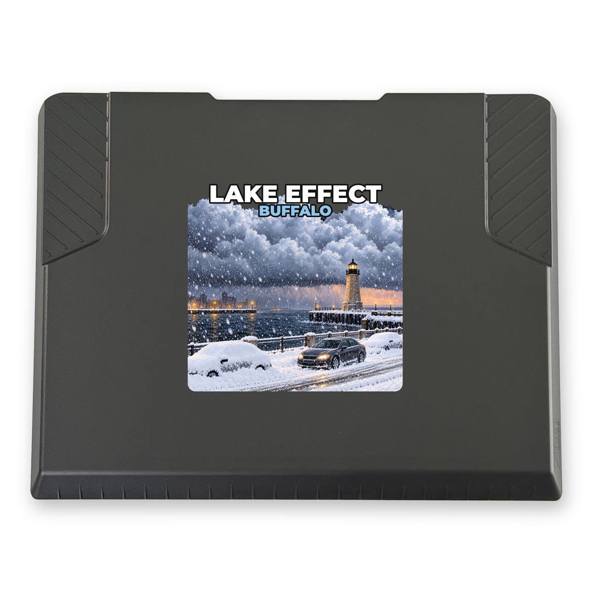 The EDGE snow and ice scraper with the Buffalo print, 8 x 8 in, top view