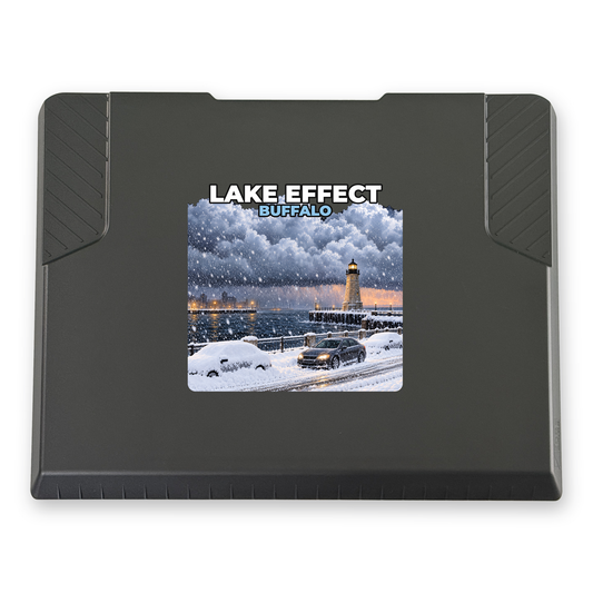 The EDGE snow and ice scraper with the Buffalo print, 8 x 8 in, top view