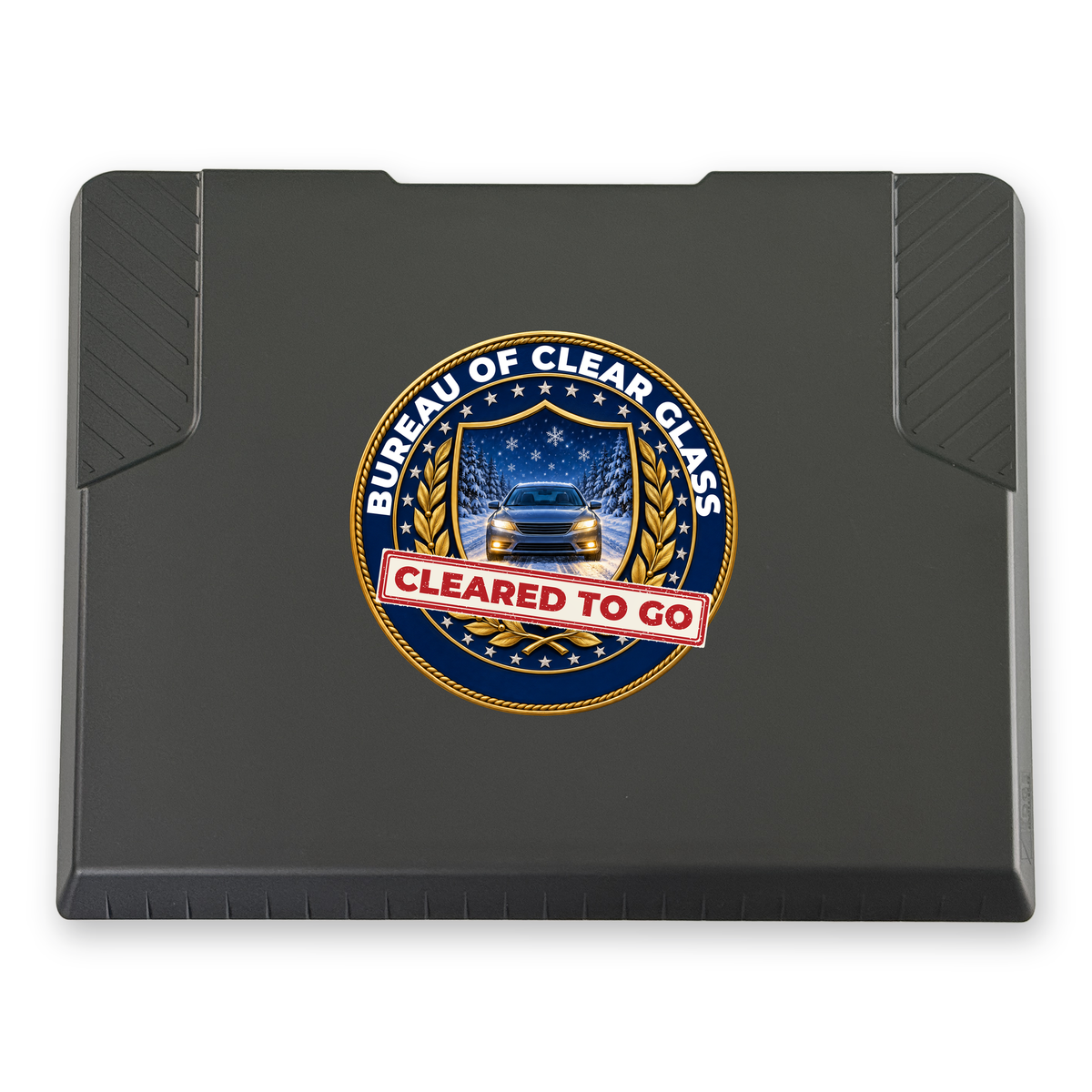 The EDGE snow and ice scraper with the Bureau of Clear Glass print, 8 x 8 in, top view