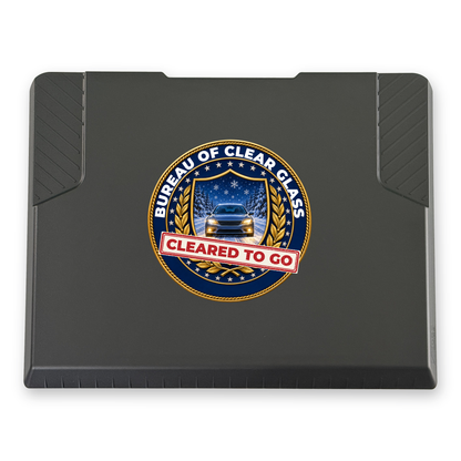 The EDGE snow and ice scraper with the Bureau of Clear Glass print, 8 x 8 in, top view