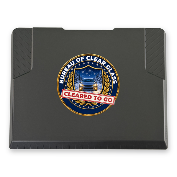 The EDGE snow and ice scraper with the Bureau of Clear Glass print, 8 x 8 in, top view