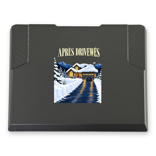 The EDGE snow and ice scraper with the Après Drivewés print, 8 x 8 in, top view