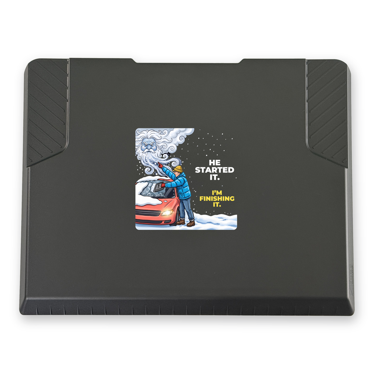 The EDGE snow and ice scraper with the He Started It print, 6 x 6 in, top view