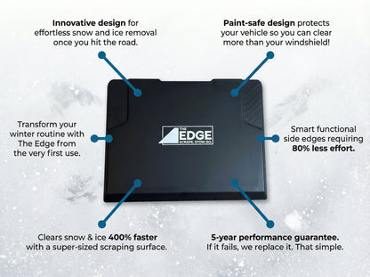 Product advertisement for 'The Edge' snow and ice removal tool with features highlighted.