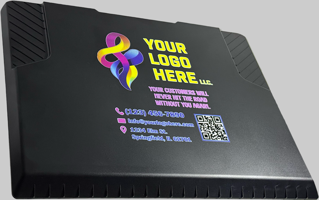 The EDGE Snow and Ice Scraper with a sample business customization design with fictitious company logo, name, motto, contact info, address, and qr code