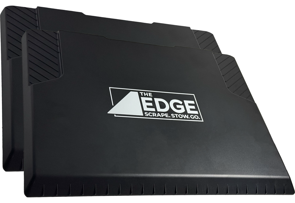 The EDGE Driveway Duo: two EDGE snow and ice scrapers stacked, tagline logo on top