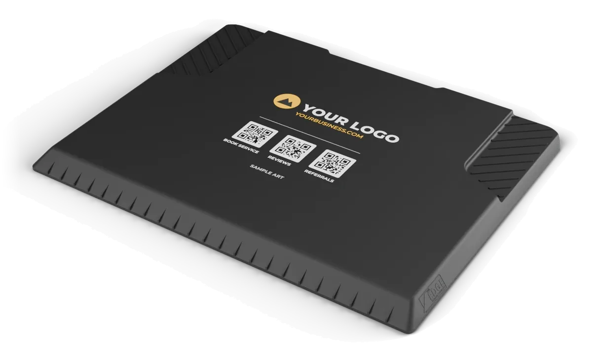 CAD render of The EDGE with sample logo and three sample QR codes in the Customization Zone