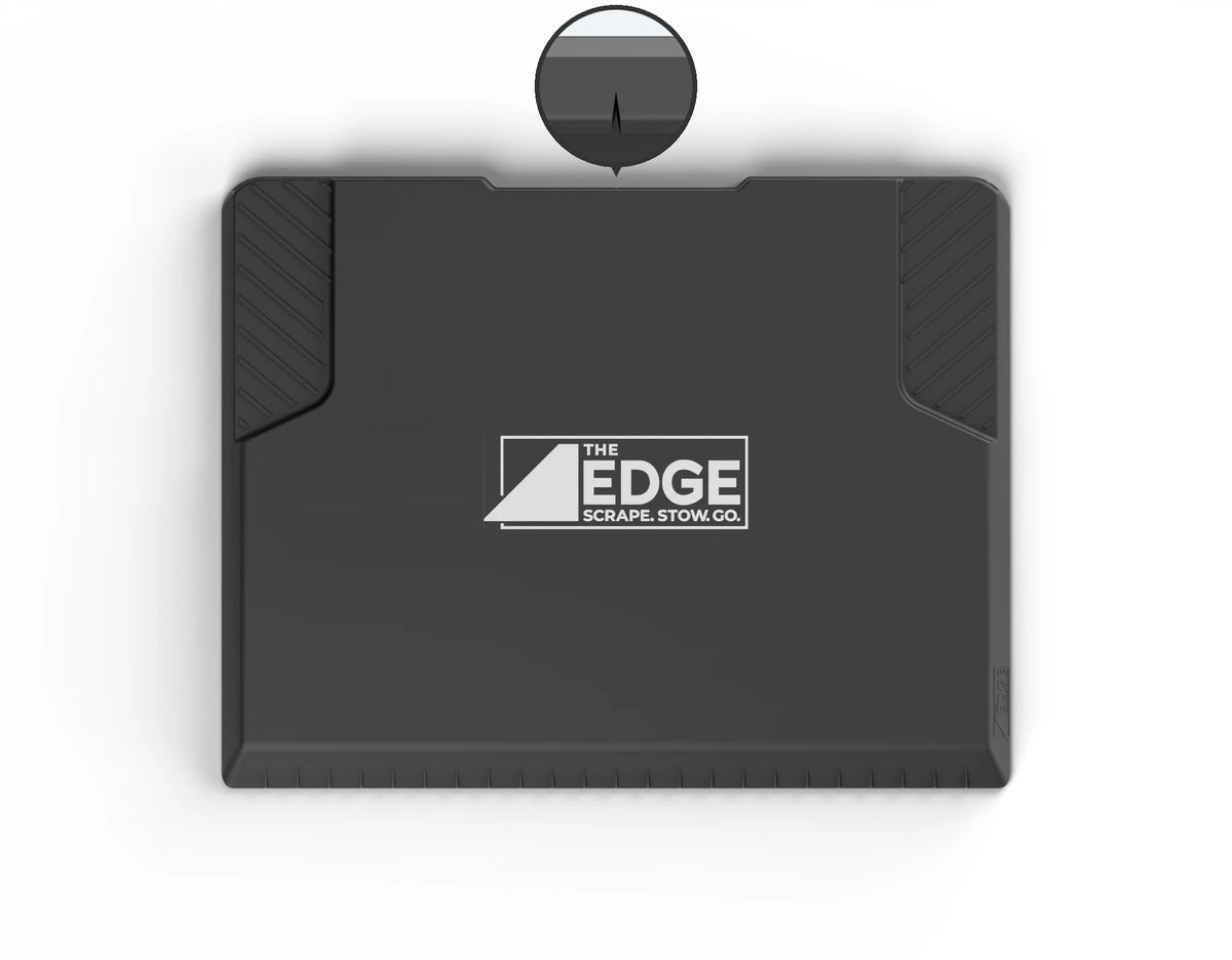 The EDGE seen from above, top (logo) side, rendered from the mold CAD, with a round close-up of the center of the back edge from below showing the small V-notch