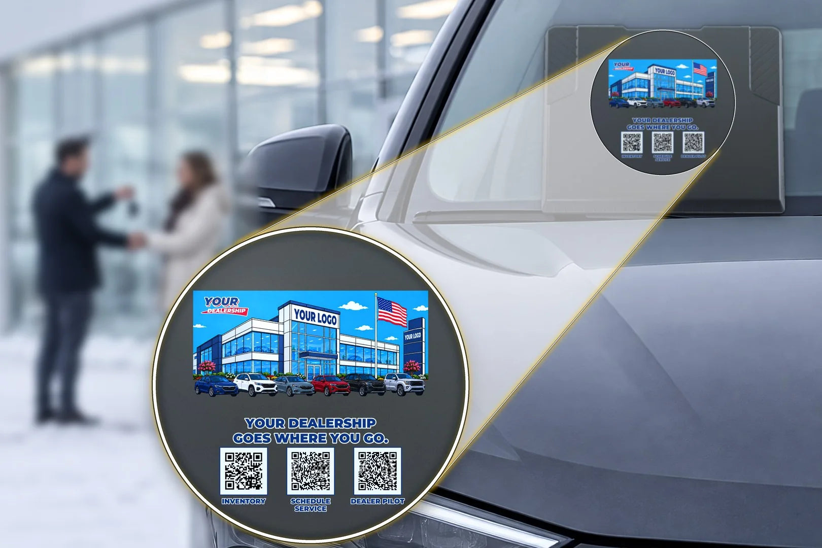 At a snowy dealership lot, a salesperson hands a new owner the keys in the background, while The EDGE, a flat matte-black tray with a sample "Your Dealership" print and three sample QR codes, leans on the windshield of the new car up front; a round magnifier shows the print up close